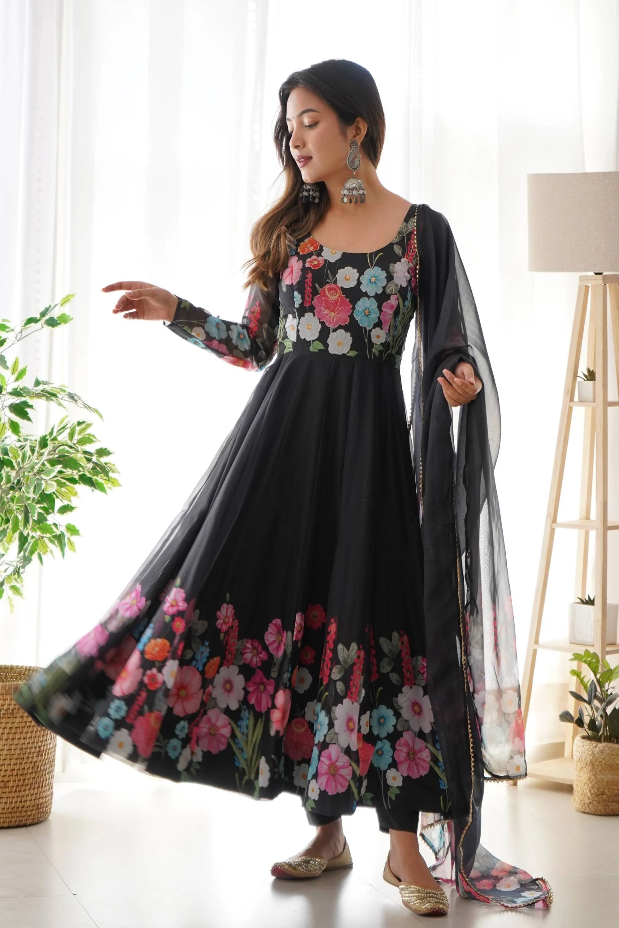 Floral Elegance: Flower Print Anarkali with Zari Work and Dupatta