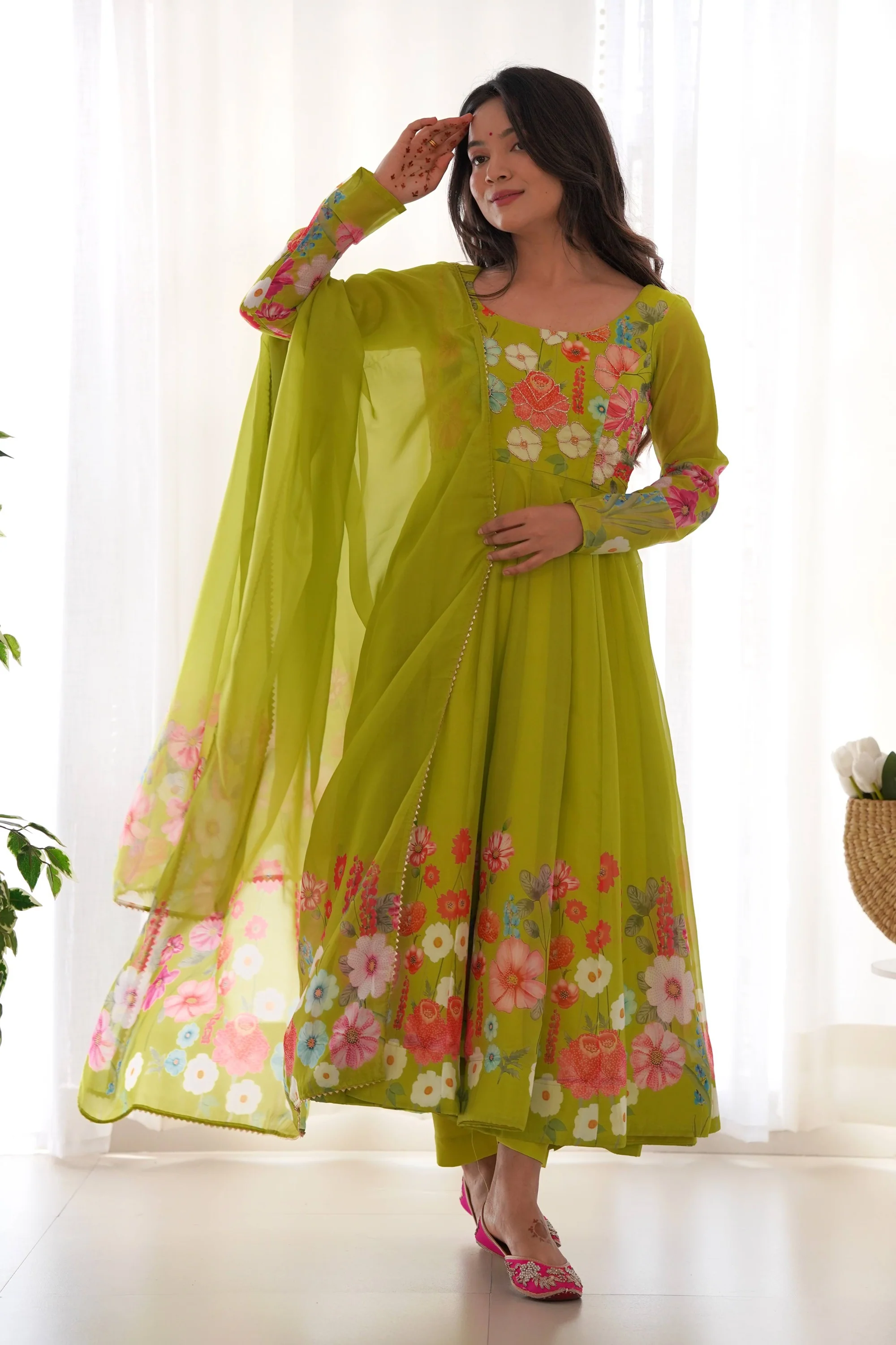 Floral Elegance: Flower Print Anarkali with Zari Work and Dupatta