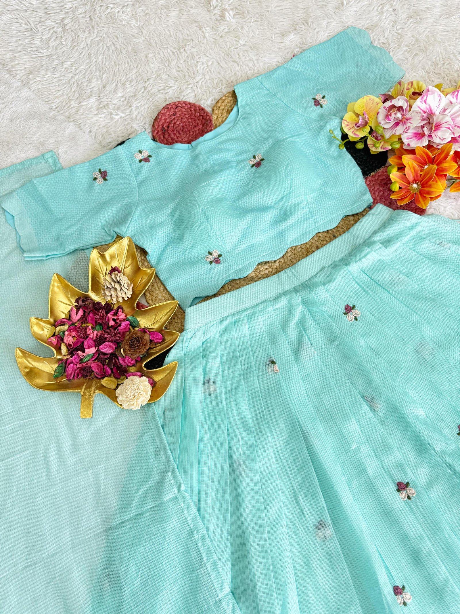 Sky Blue Chex Floral Halfsaree