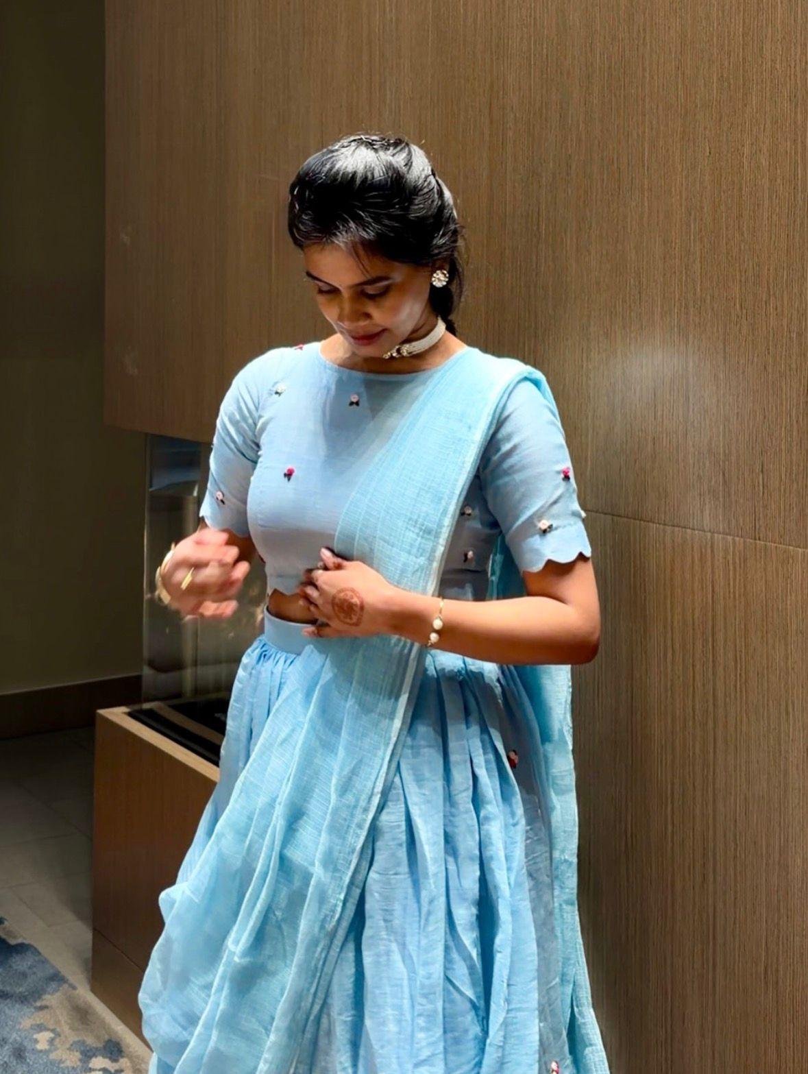 Sky Blue Chex Floral Halfsaree