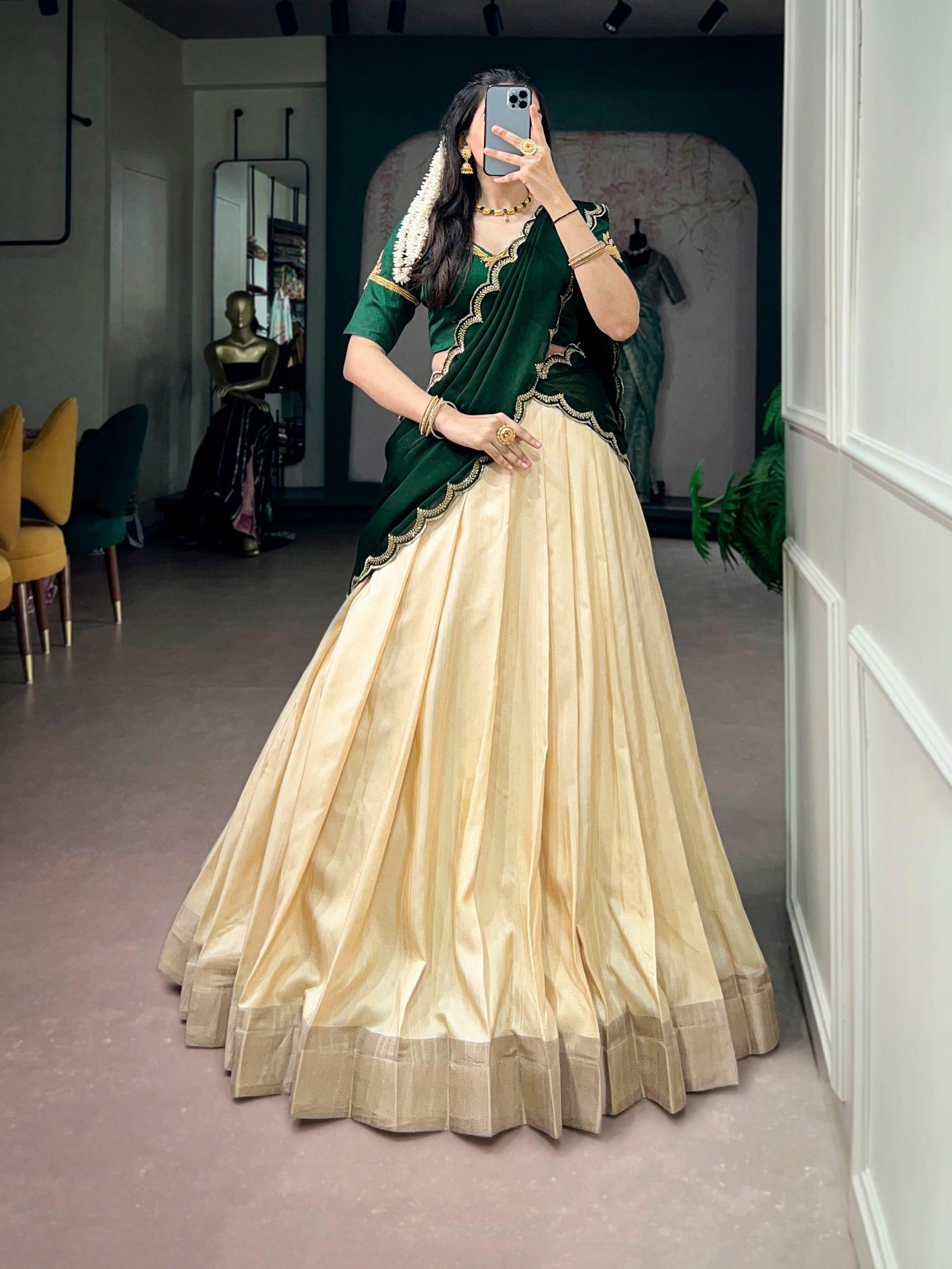 Kerala Traditional Zari Lehenga Choli – Onam Collection