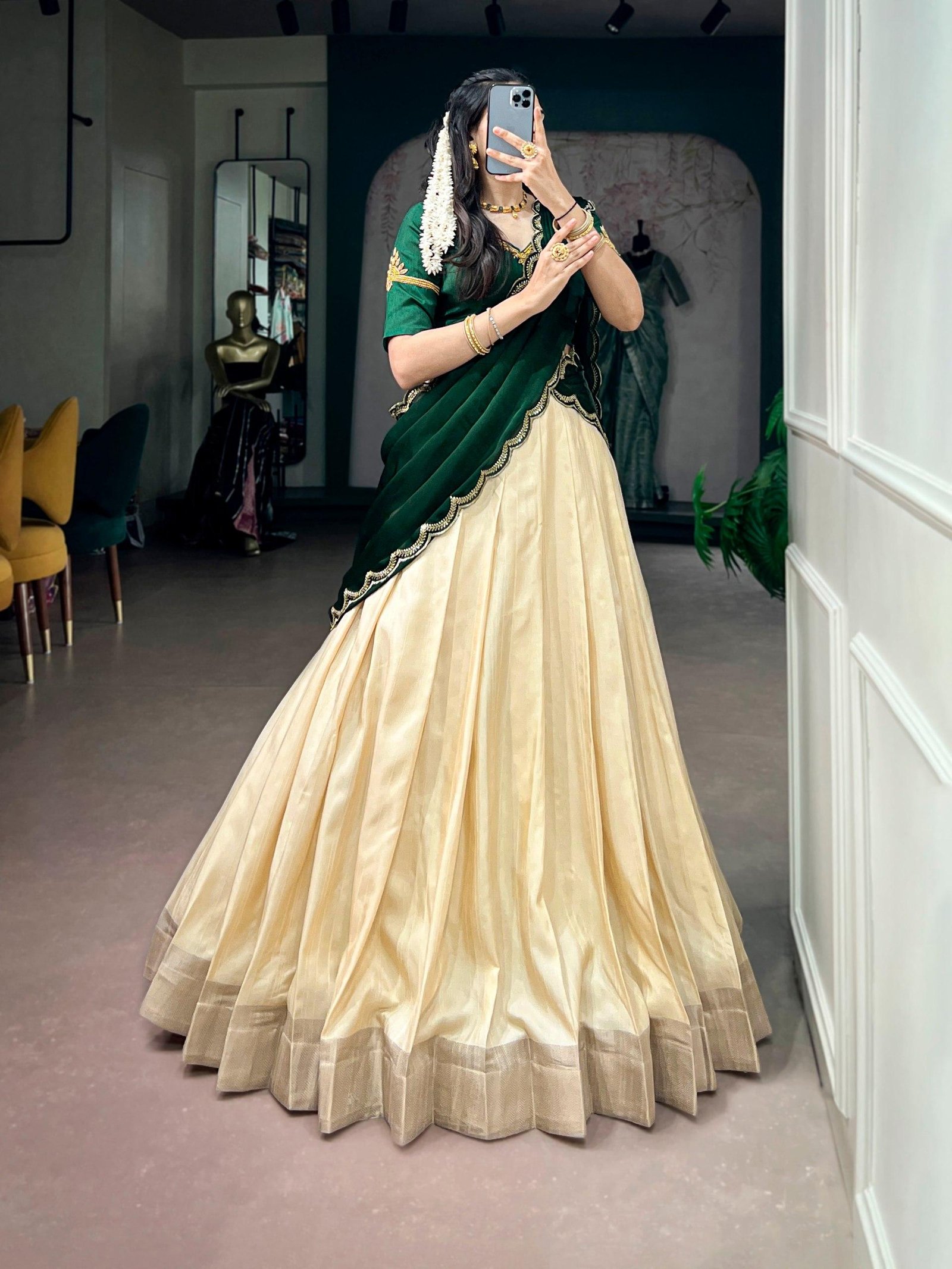 Kerala Traditional Zari Lehenga Choli – Onam Collection