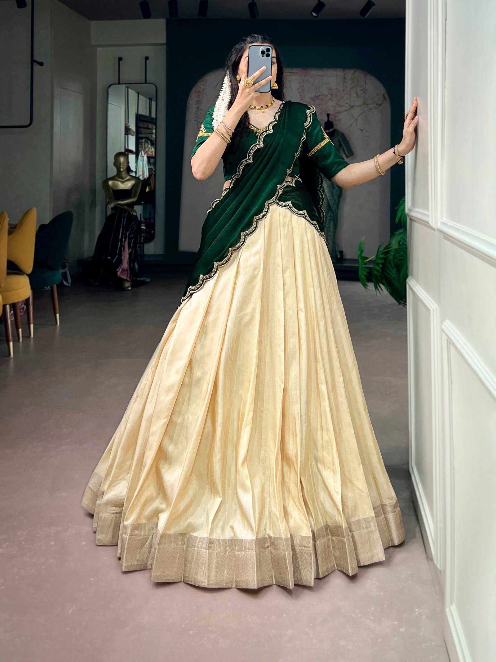 Kerala Traditional Zari Lehenga Choli – Onam Collection