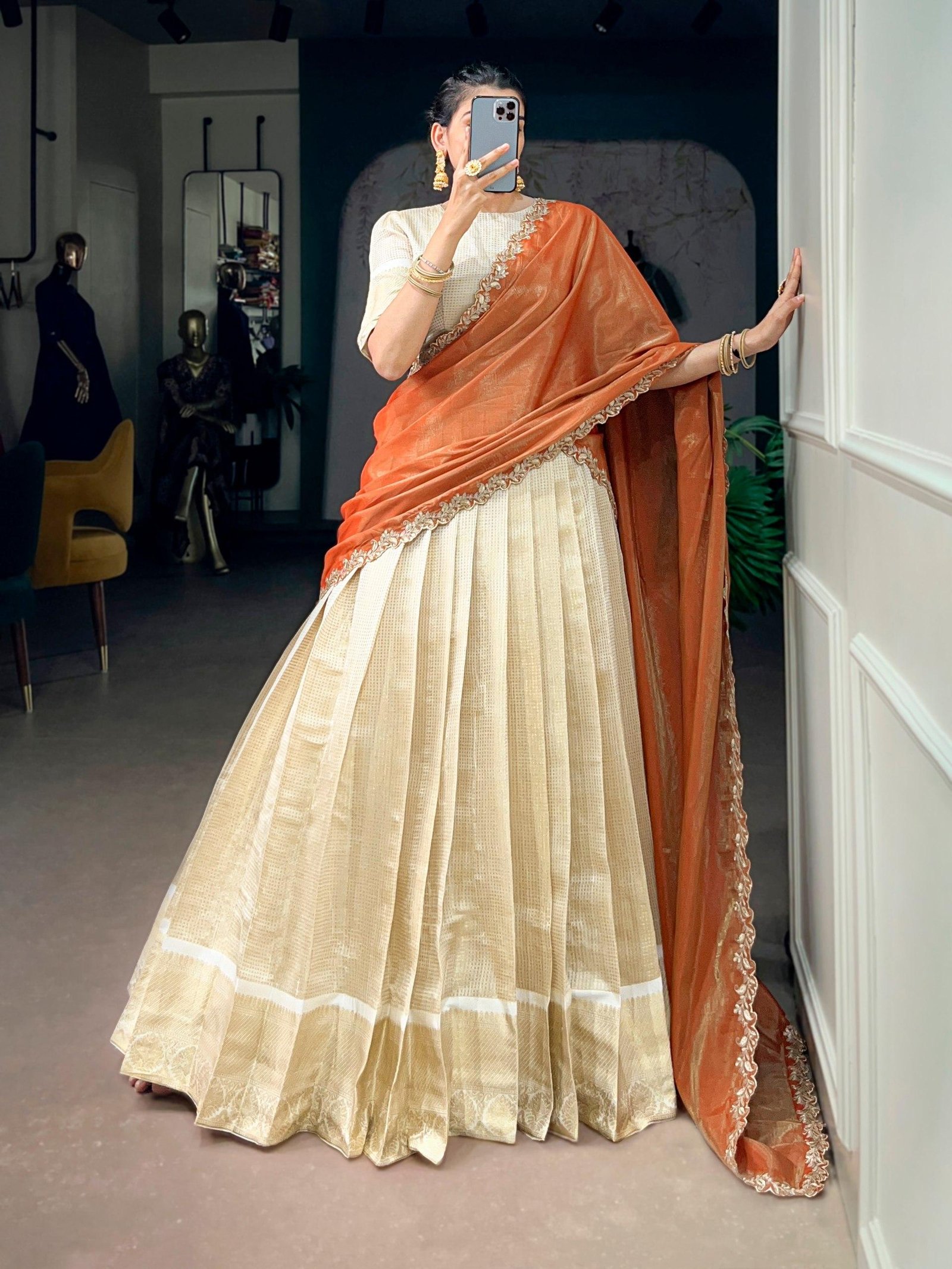 Onam Jacquard Chex Zari Lehenga Choli