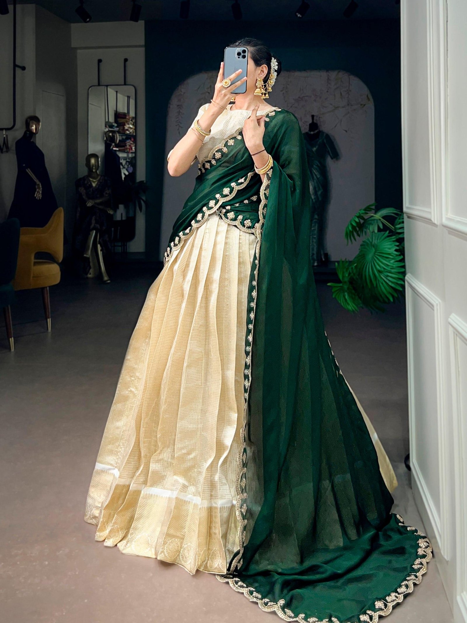 Onam Jacquard Chex Zari Lehenga Choli