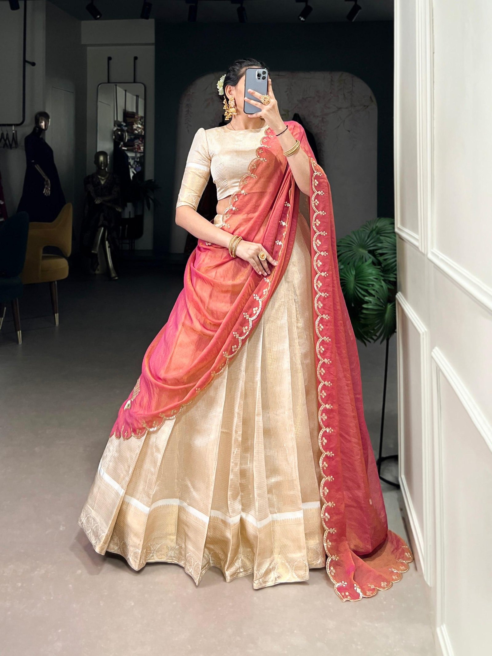 Onam Jacquard Chex Zari Lehenga Choli