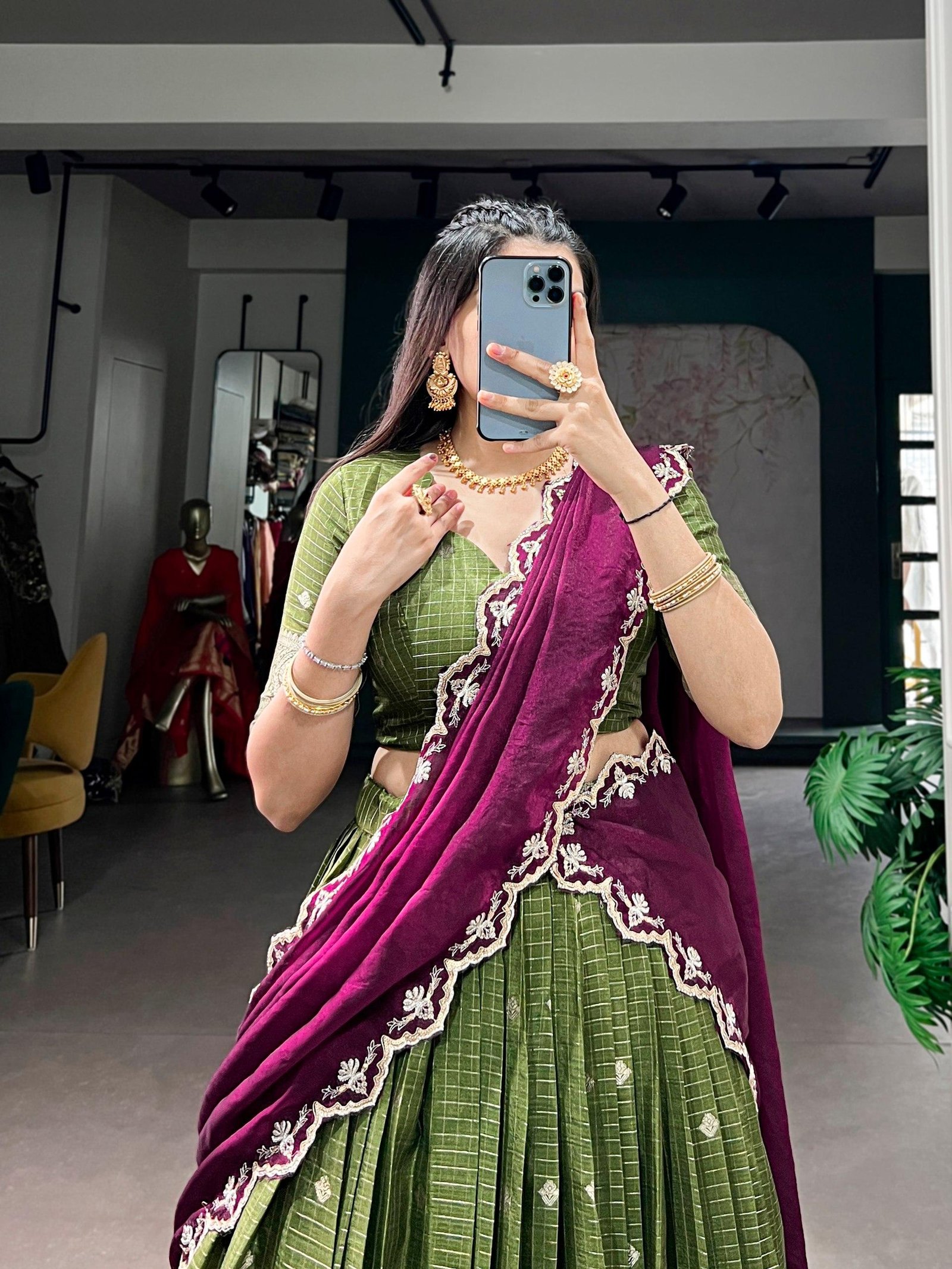 Traditional Chinon Checks Langa Davani – Onam Collection