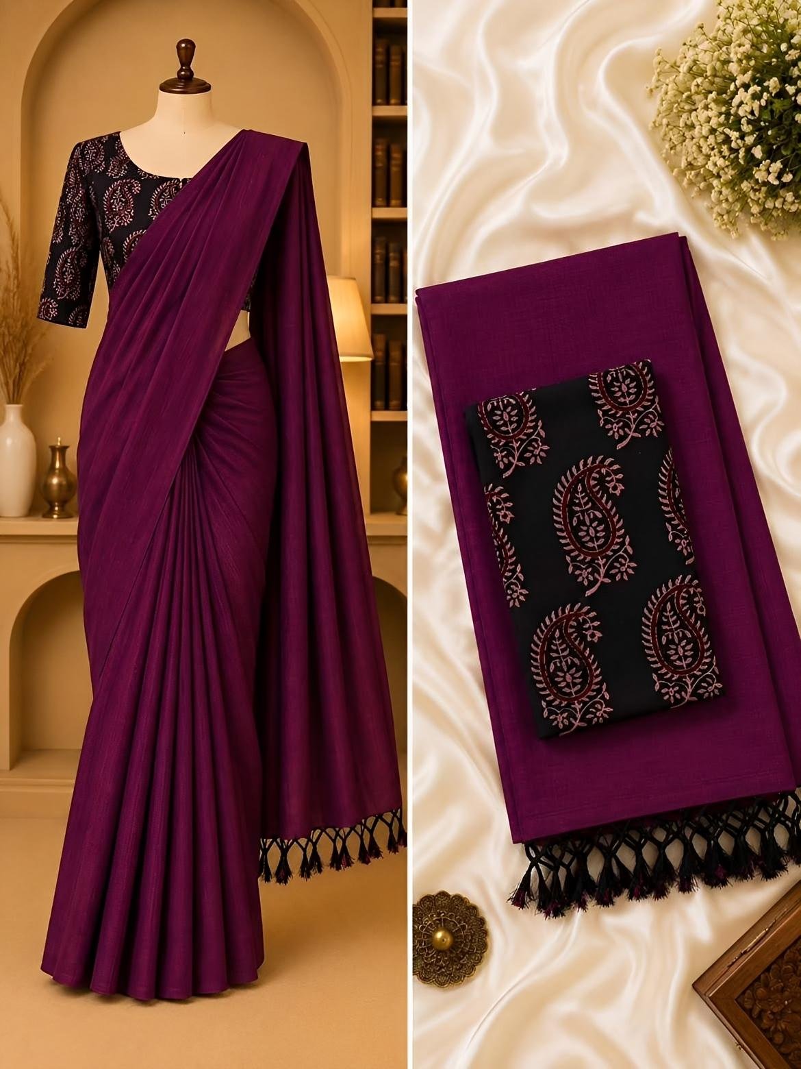 Beautiful Khadi cotton saree with  embroidery blouse