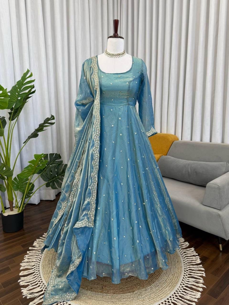 Women’s Fendy Silk Thread & Sequence Work Anarkali Kurta with Plazzo & Dupatta | 3 Piece Ethnic Set