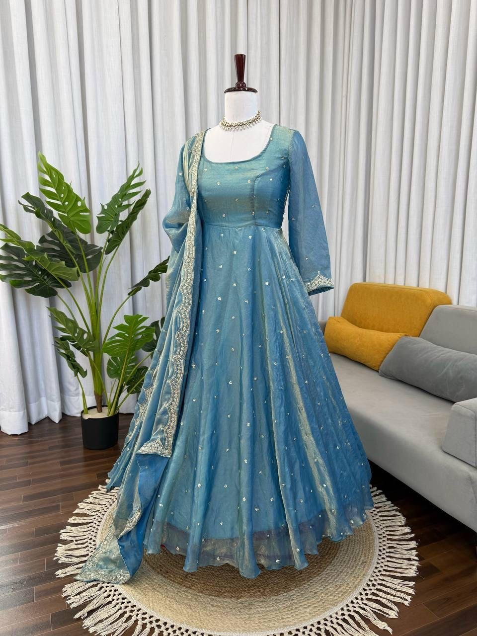 Women’s Fendy Silk Thread & Sequence Work Anarkali Kurta with Plazzo & Dupatta | 3 Piece Ethnic Set