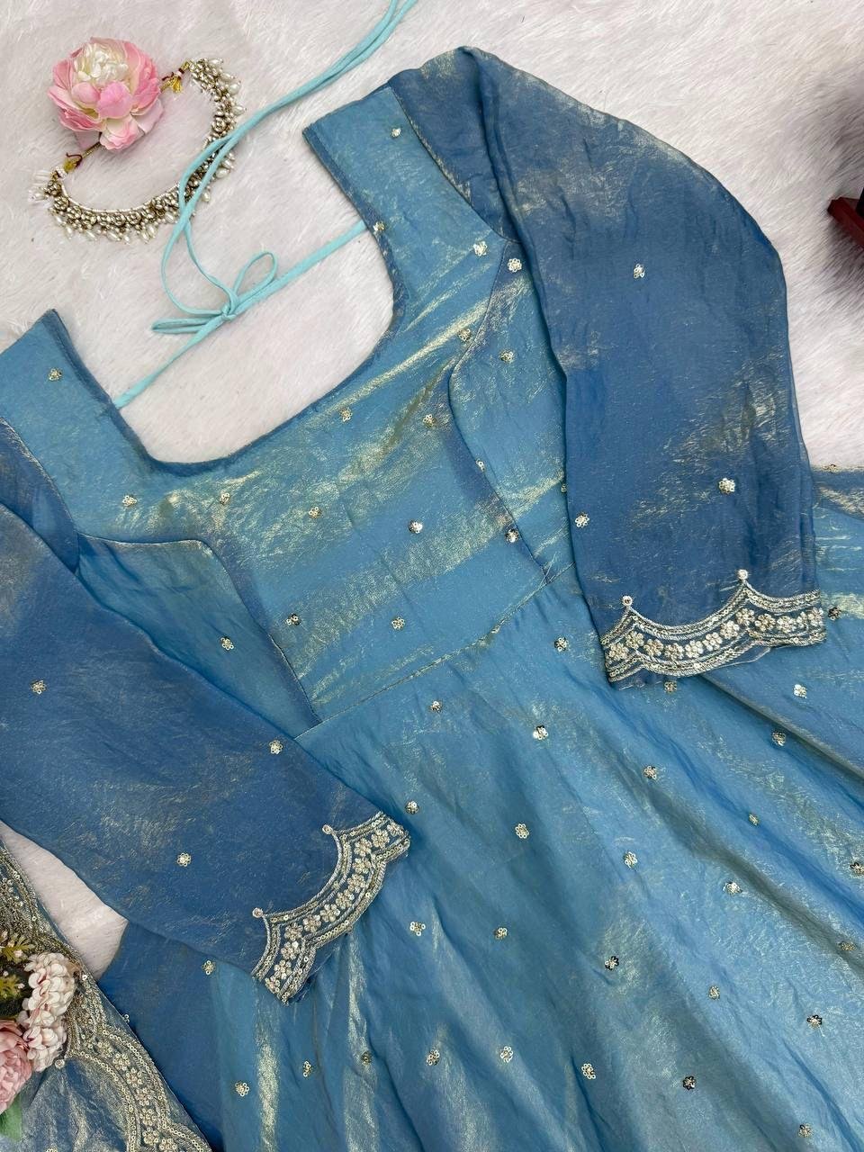 Women’s Fendy Silk Thread & Sequence Work Anarkali Kurta with Plazzo & Dupatta | 3 Piece Ethnic Set