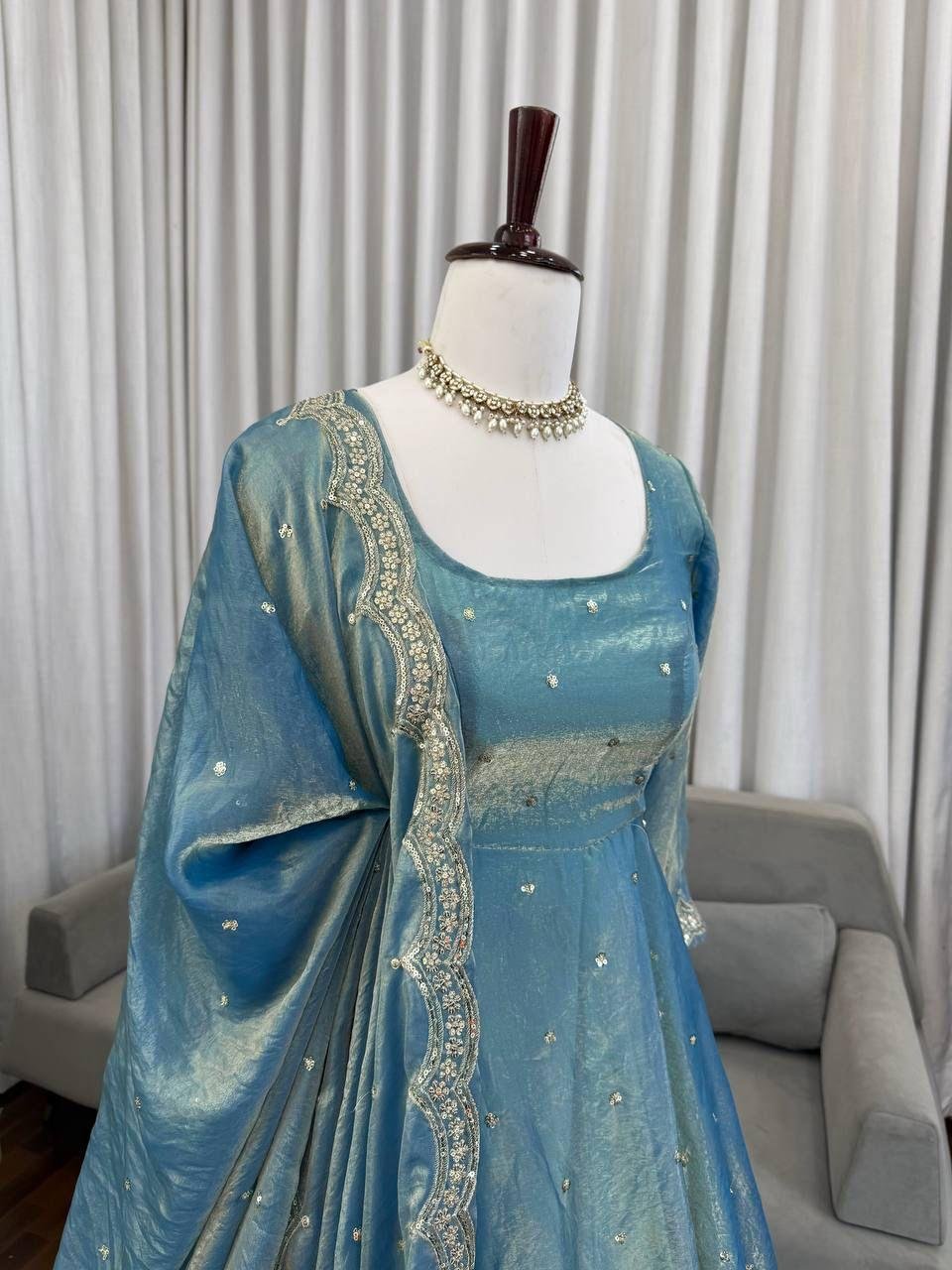 Women’s Fendy Silk Thread & Sequence Work Anarkali Kurta with Plazzo & Dupatta | 3 Piece Ethnic Set