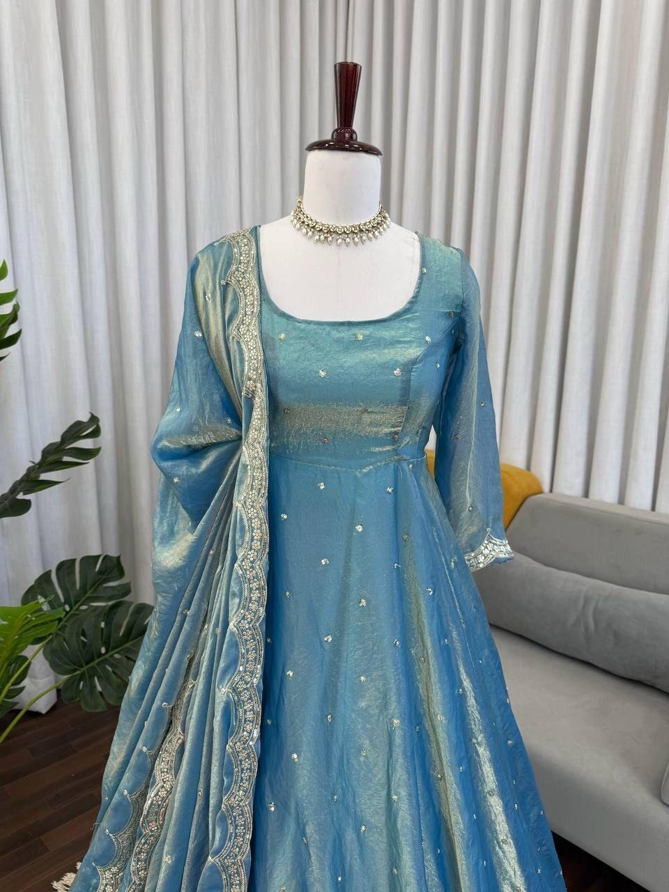 Women’s Fendy Silk Thread & Sequence Work Anarkali Kurta with Plazzo & Dupatta | 3 Piece Ethnic Set