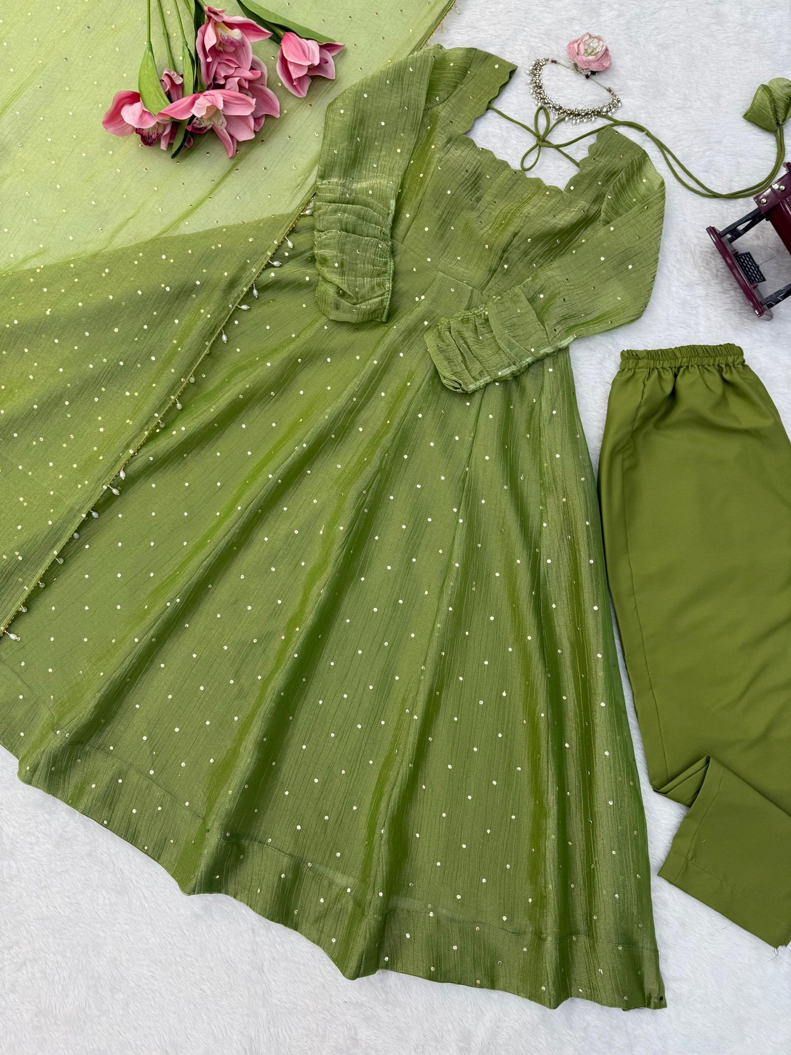 Green Dream Gown💚Anarkali Bottom with Dupatta set