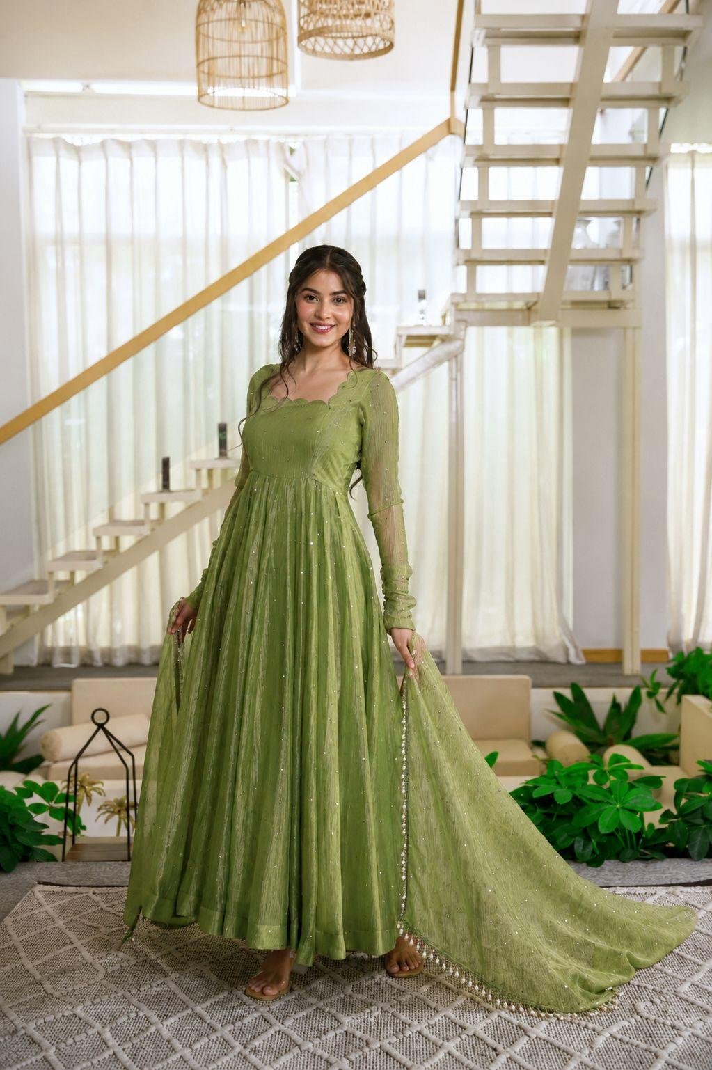 Green Dream Gown💚Anarkali Bottom with Dupatta set