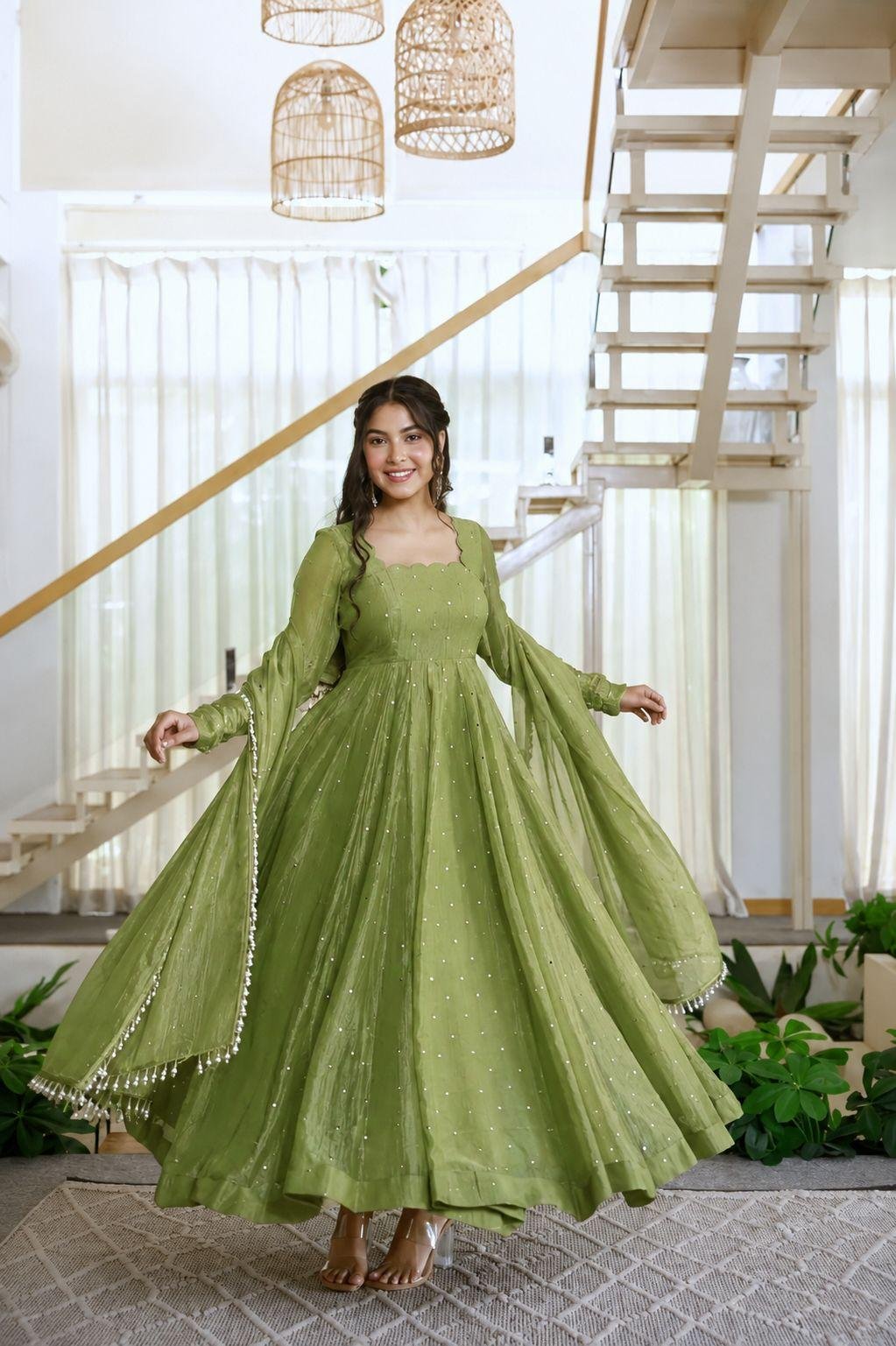 Green Dream Gown💚Anarkali Bottom with Dupatta set