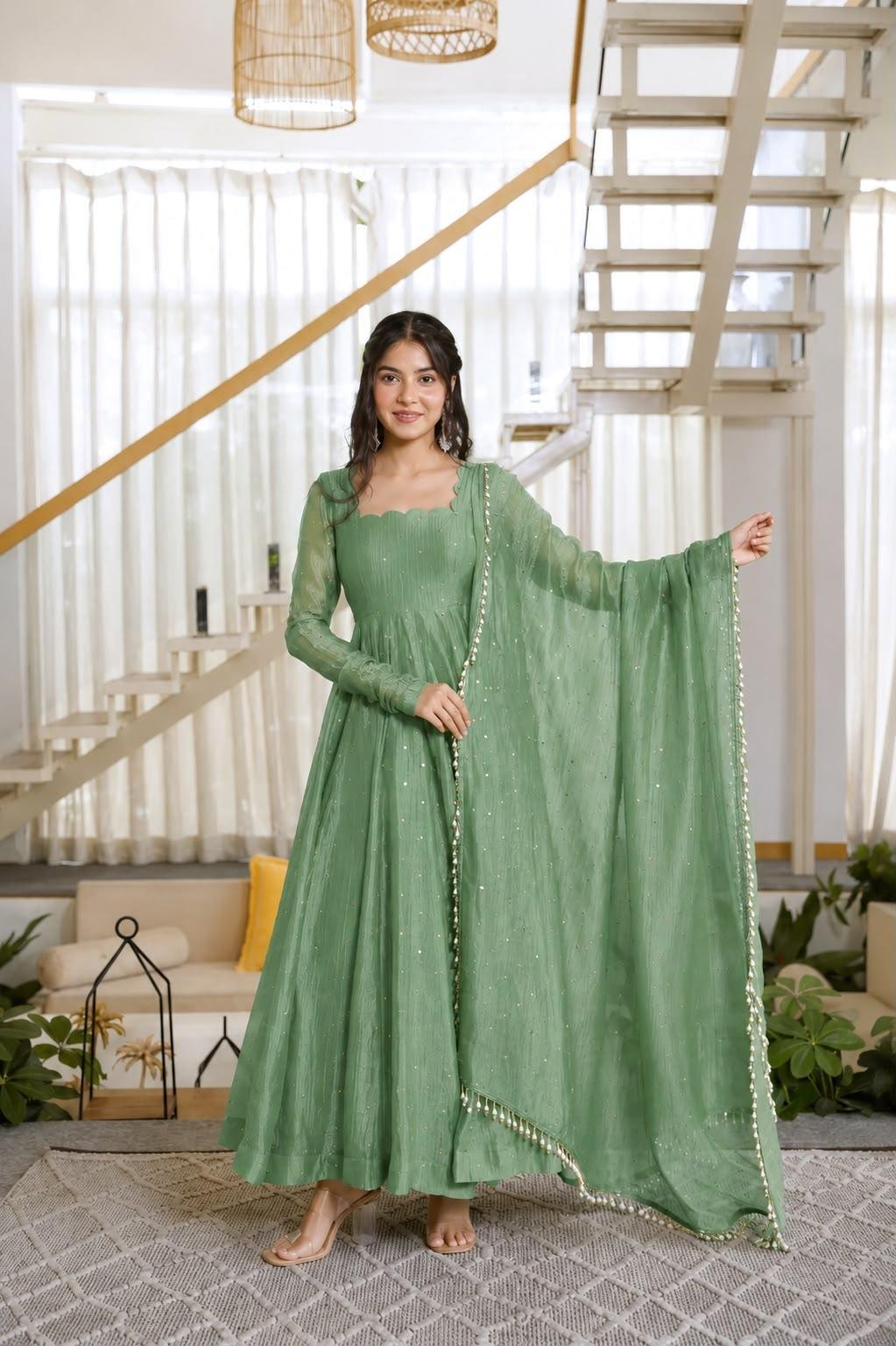 Green QUEEN Gown💚Anarkali Bottom with Dupatta set