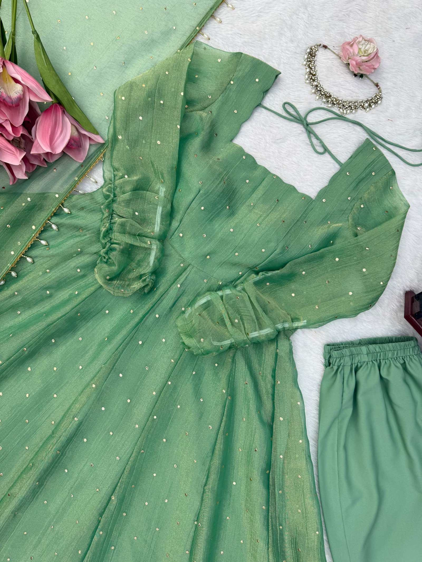 Green QUEEN Gown💚Anarkali Bottom with Dupatta set