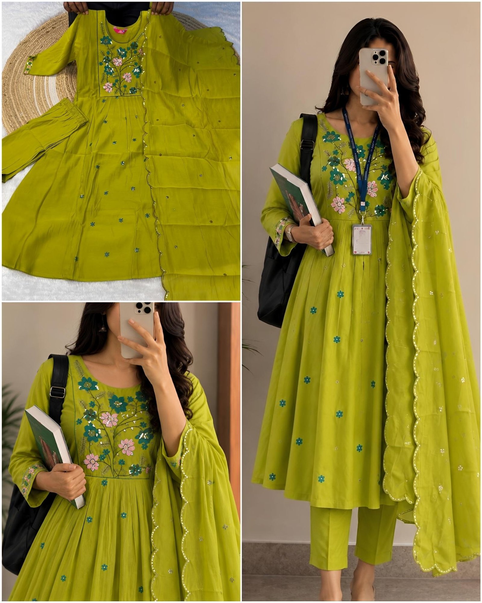 Floral Embroidered Office Mul Chanderi Kurta Set with Dupatta