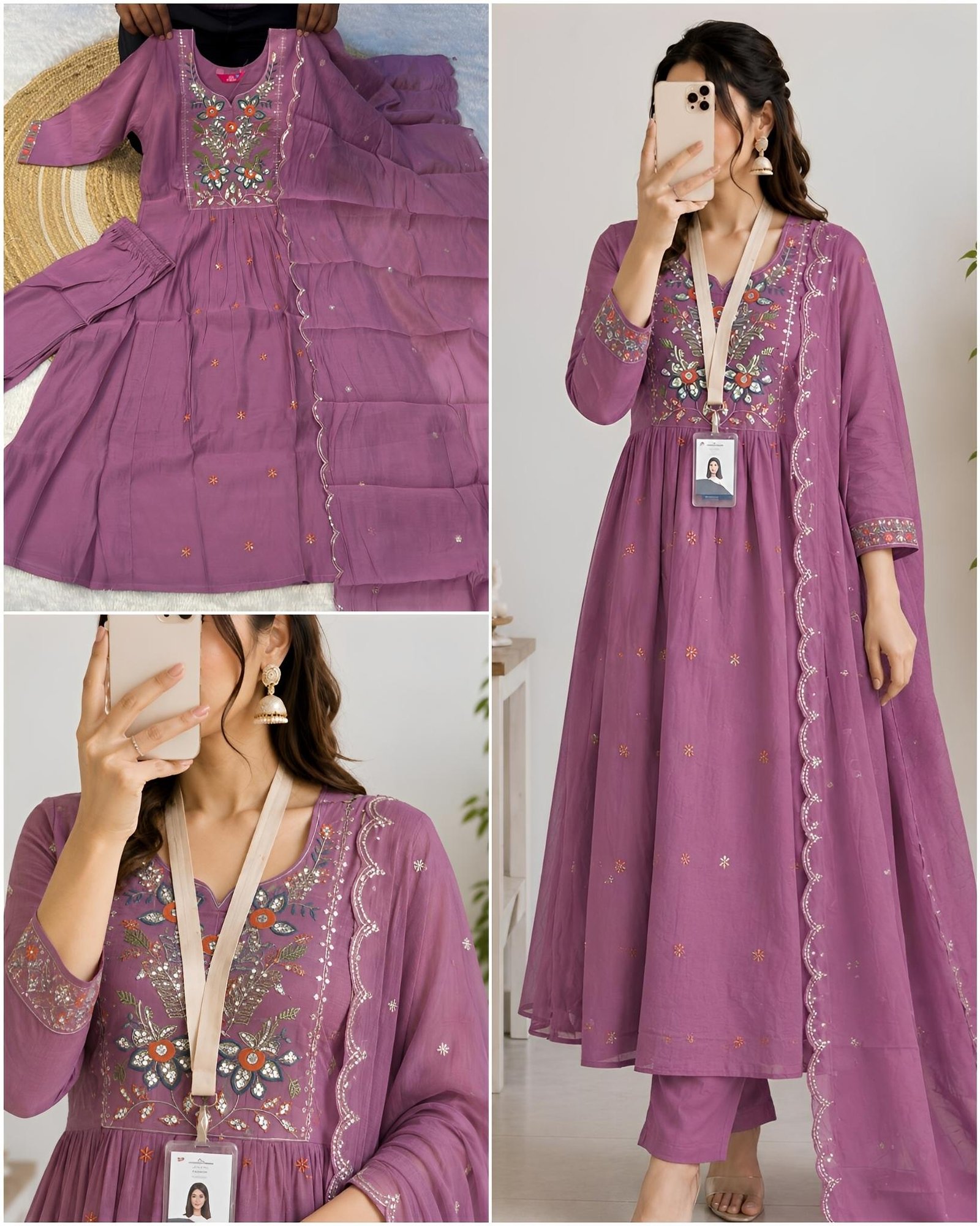 Floral Embroidered Office Mul Chanderi Kurta Set with Dupatta