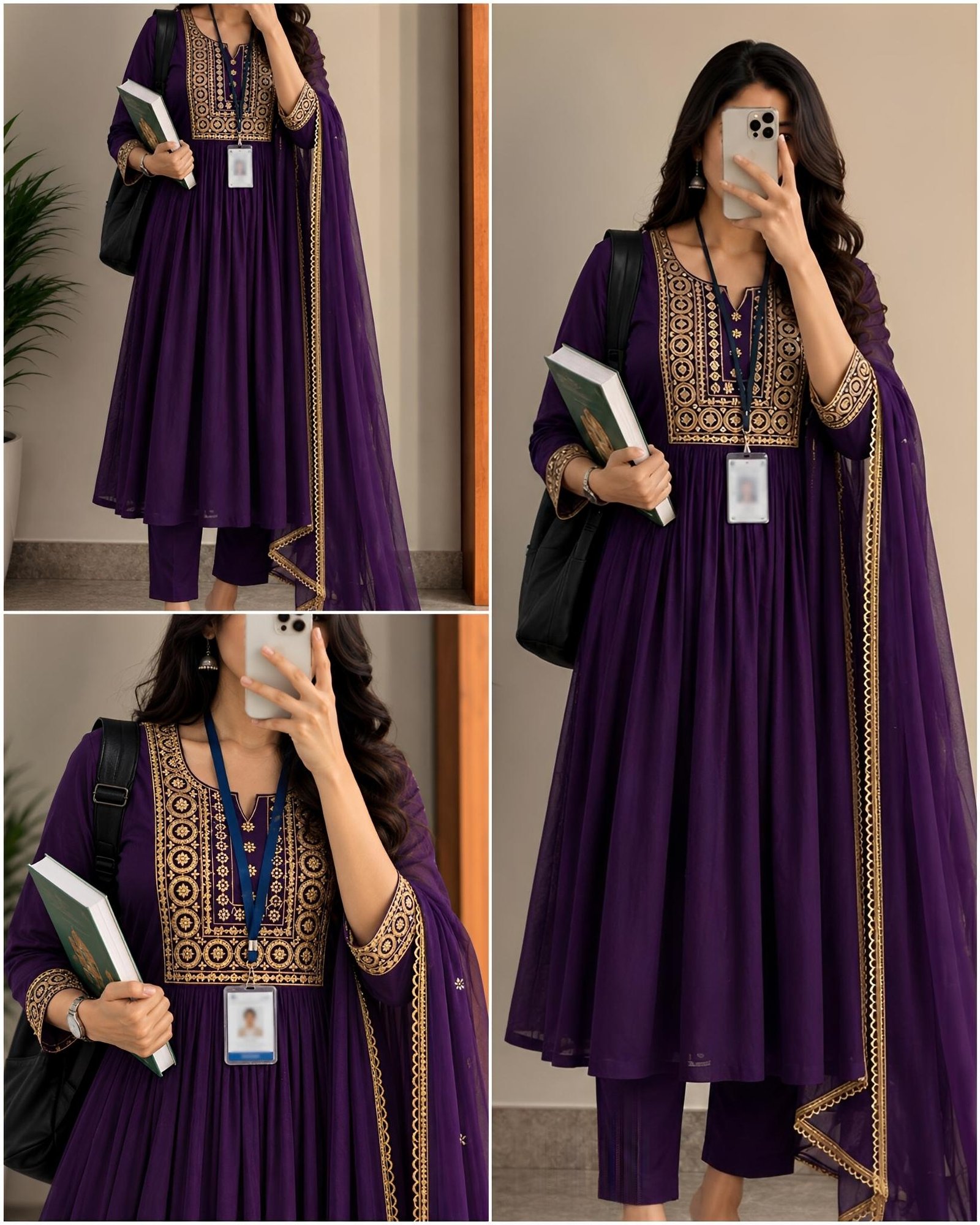 Floral Embroidered Office Mul Chanderi Kurta Set with Dupatta