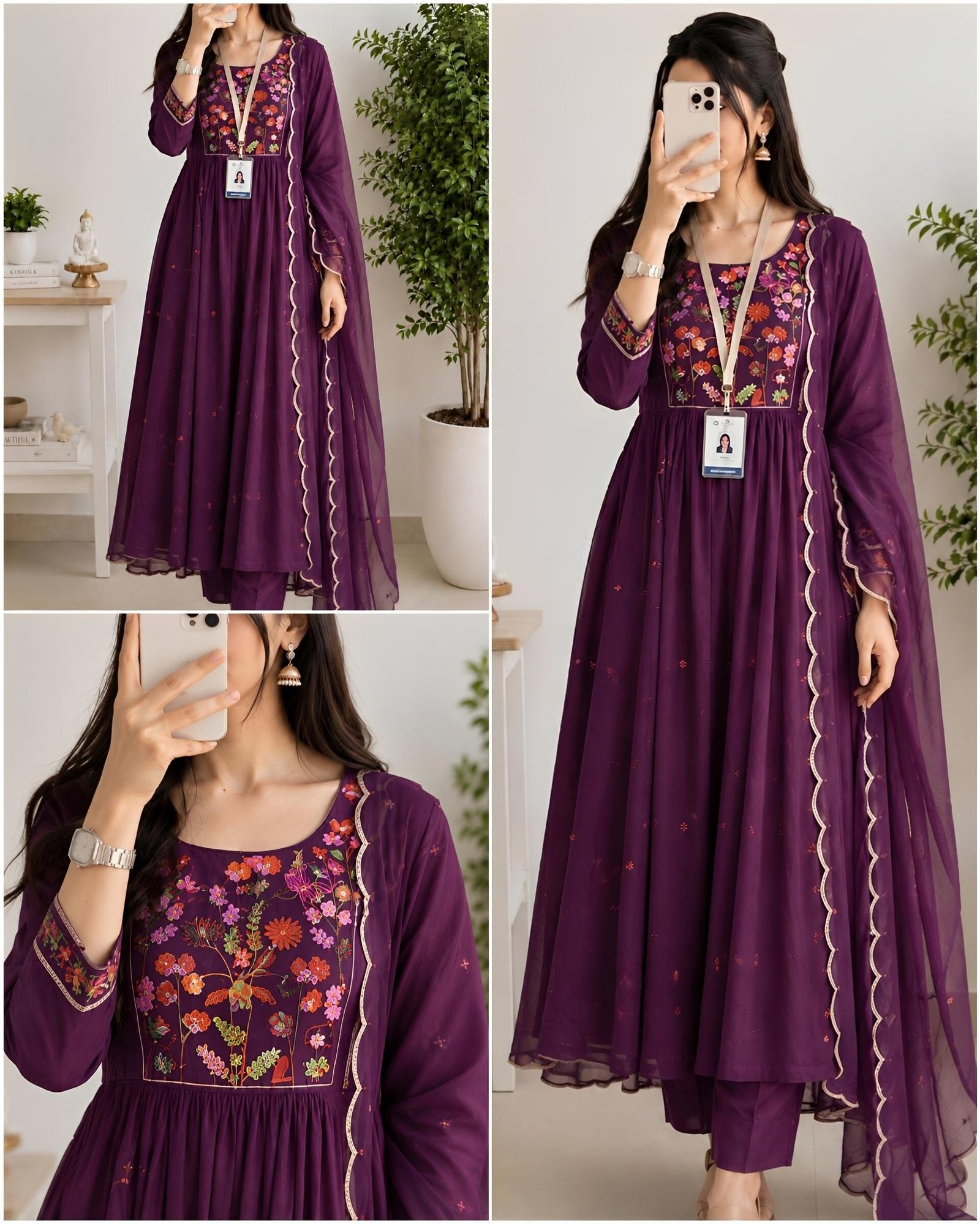 Floral Embroidered Office Mul Chanderi Kurta Set with Dupatta
