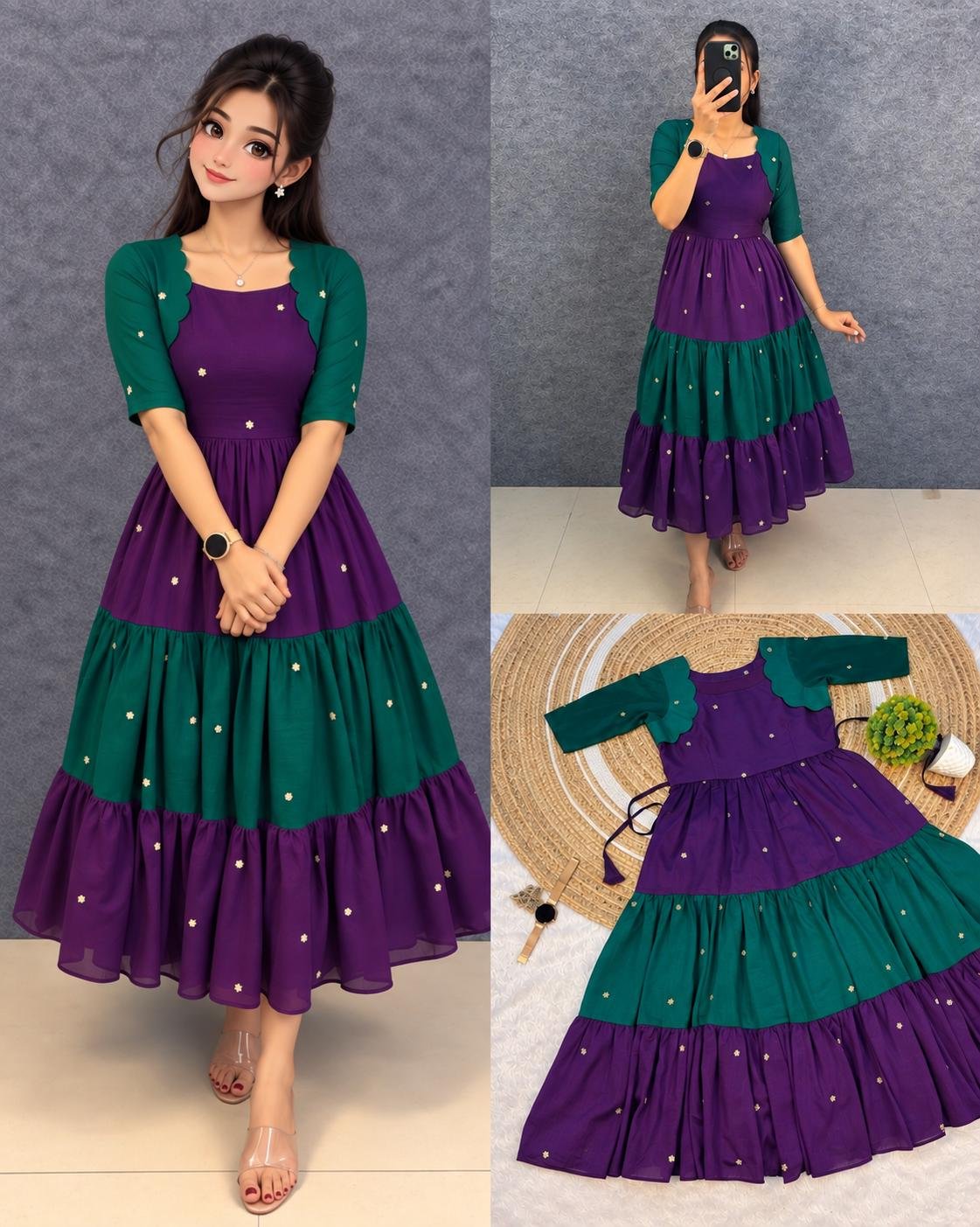 Exclusive Multi-Colour Designer Embroidery Vichitra Silk Maxi Gown