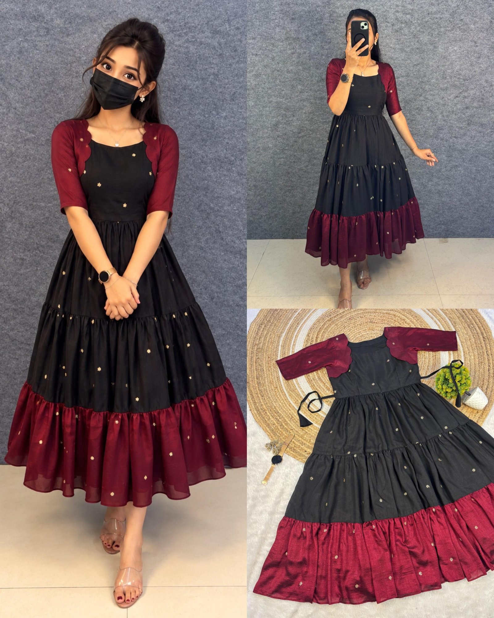 Exclusive Multi-Colour Designer Embroidery Vichitra Silk Maxi Gown