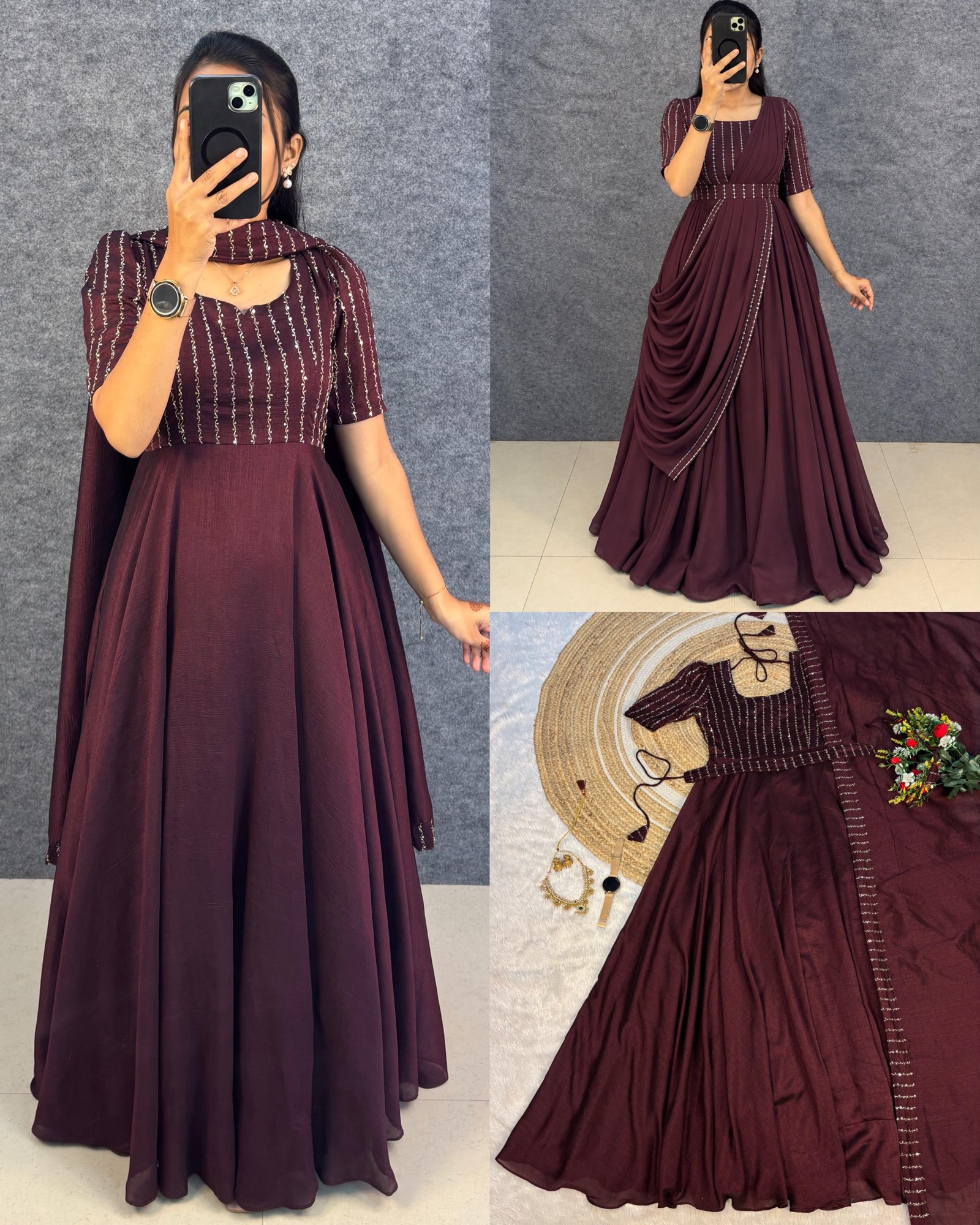 Aaradhya Gown❤️Premium Vichitra Silk, elegant beadwork & a versatile draped designer gown✨